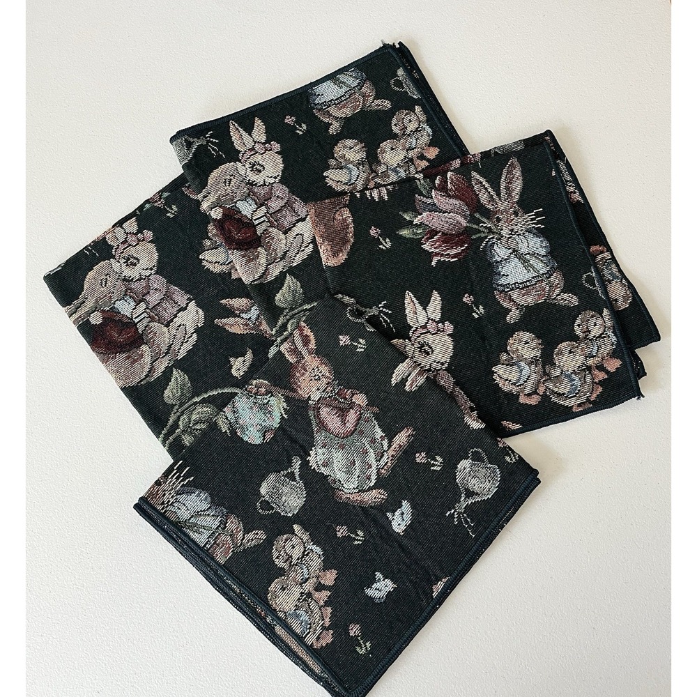 Vtg Cloth Napkins Green Tapestry Bunny SET 4 cottagecore dark moody decor 16x16